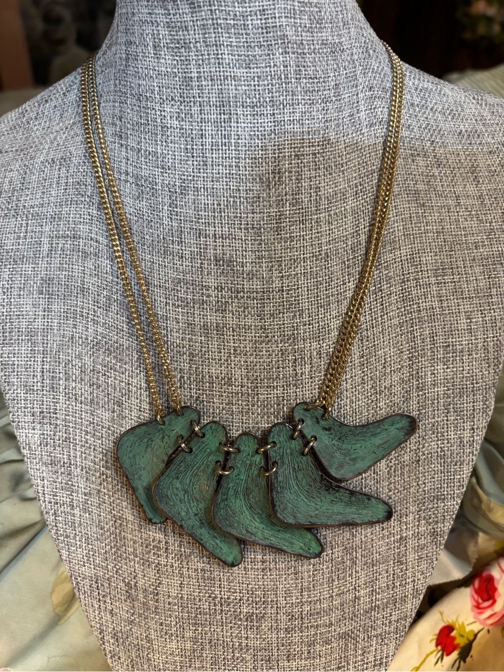 Green Patina Statement Necklace with Antique Gold Chain